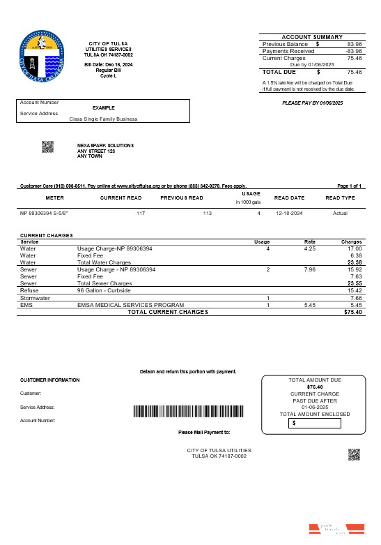 USA Oklahoma City of Tulsa business utility bill template in Word and PDF formats